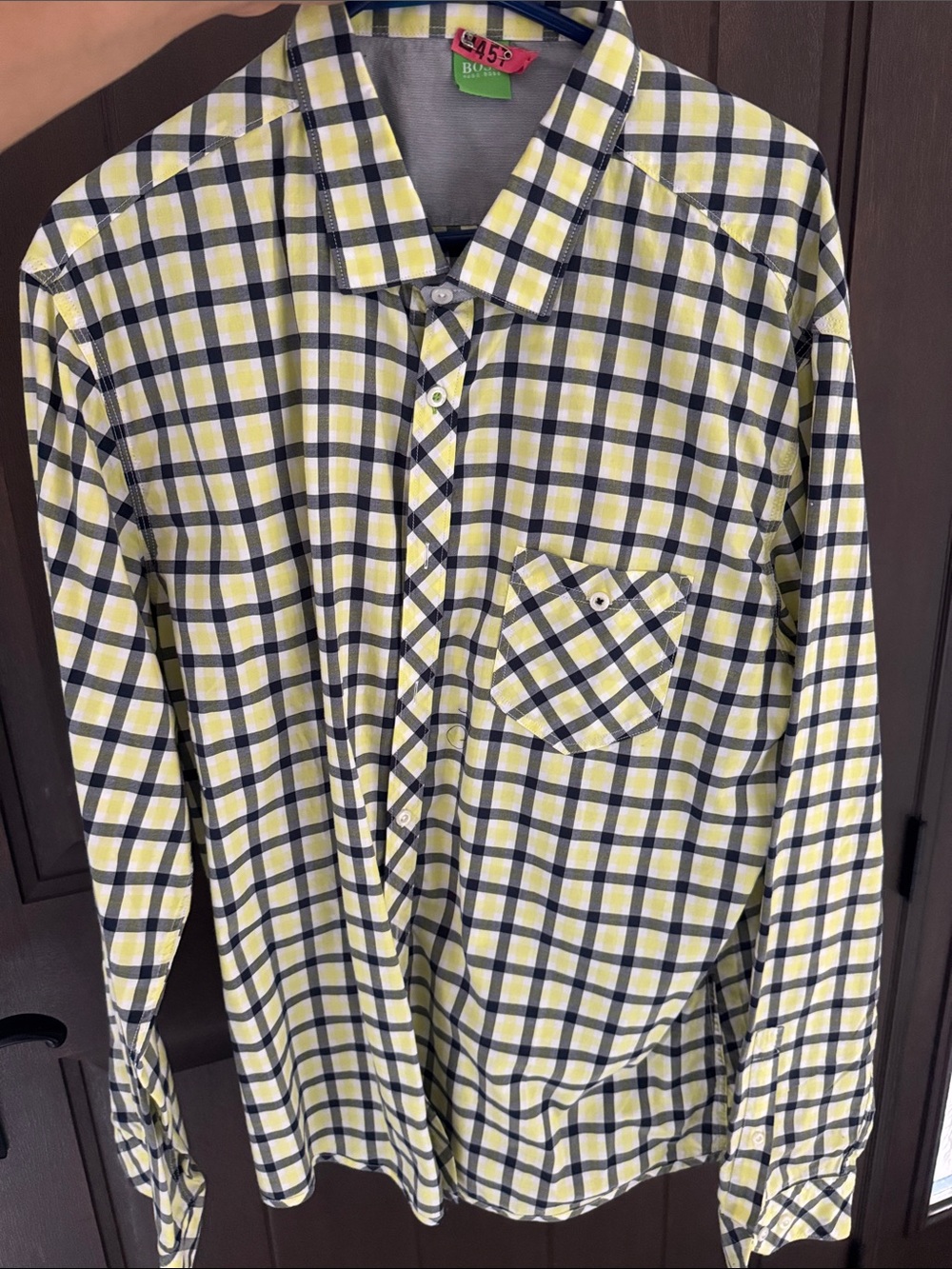Hugo Boss Yellow and Navy Check Cotton Button-Down Shirt